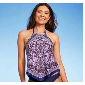 Kona Sol Purple Floral High Neck Tankini Top - Size S